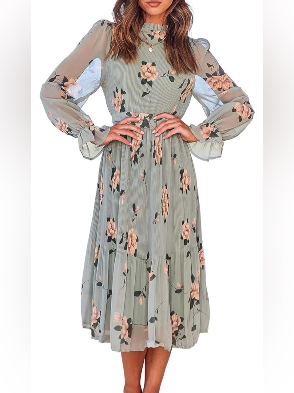 Pleated Floral Midi Dress in Dusty Green
